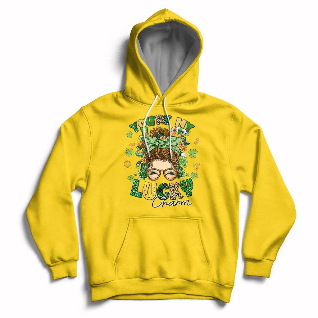 You Are My Lucky Charm St Patrick's Day Shamrock Messy Bun Hoodie - Wonder Print Shop