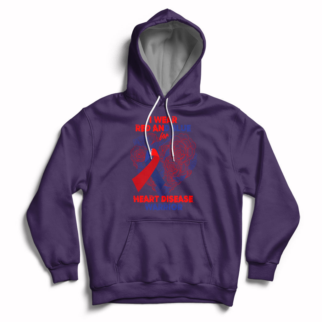 Purple pullover hoodie with hood and kangaroo pocket; red/blue heart warrior graphic