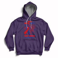 Purple pullover hoodie with hood and kangaroo pocket; red/blue heart warrior graphic
