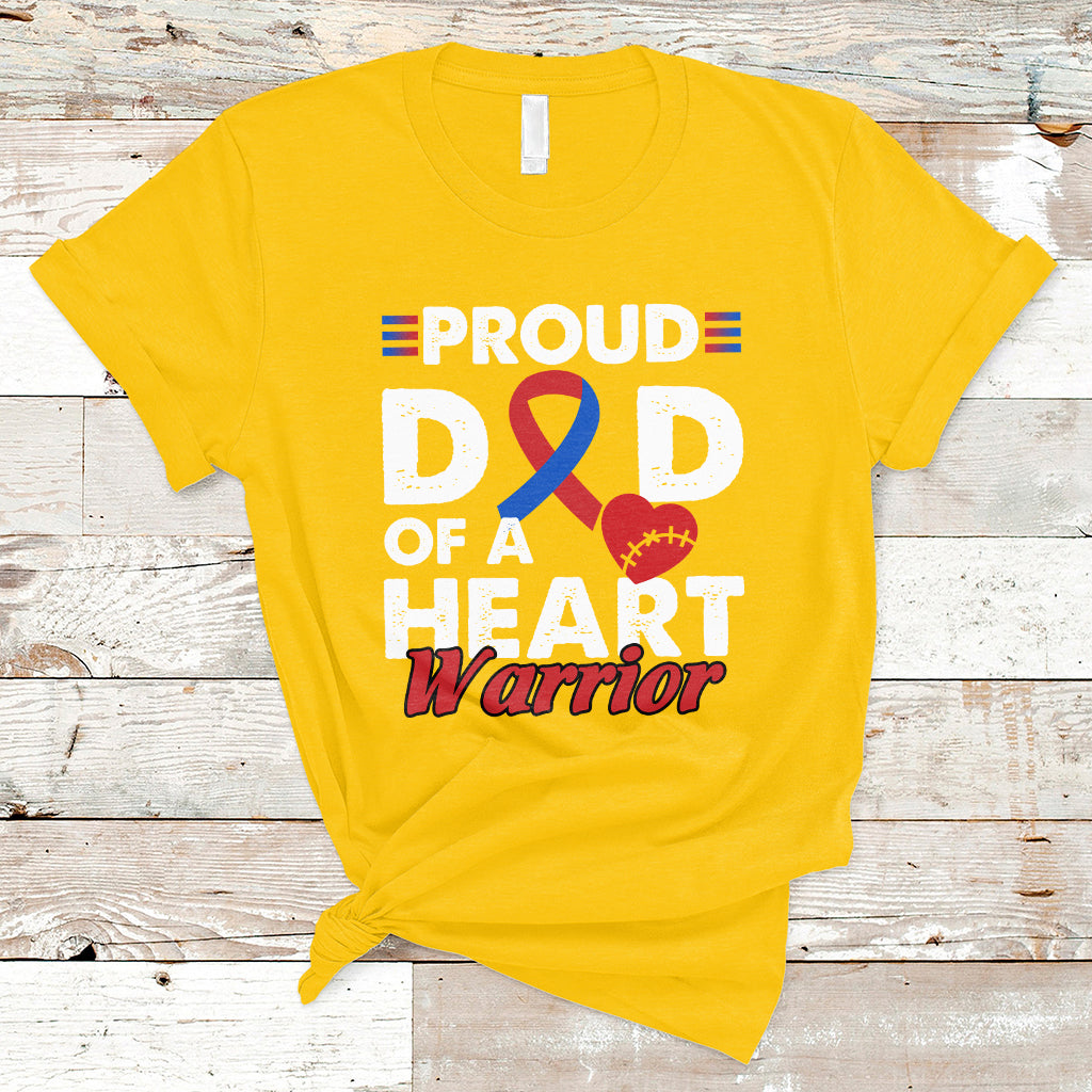 Mustard yellow short-sleeve T-shirt with Proud heart warrior graphic and blue ribbon heart