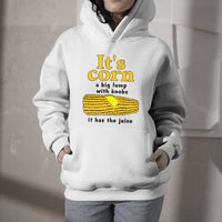 White hoodie with front corn graphic, pullover hood, and kangaroo pocket