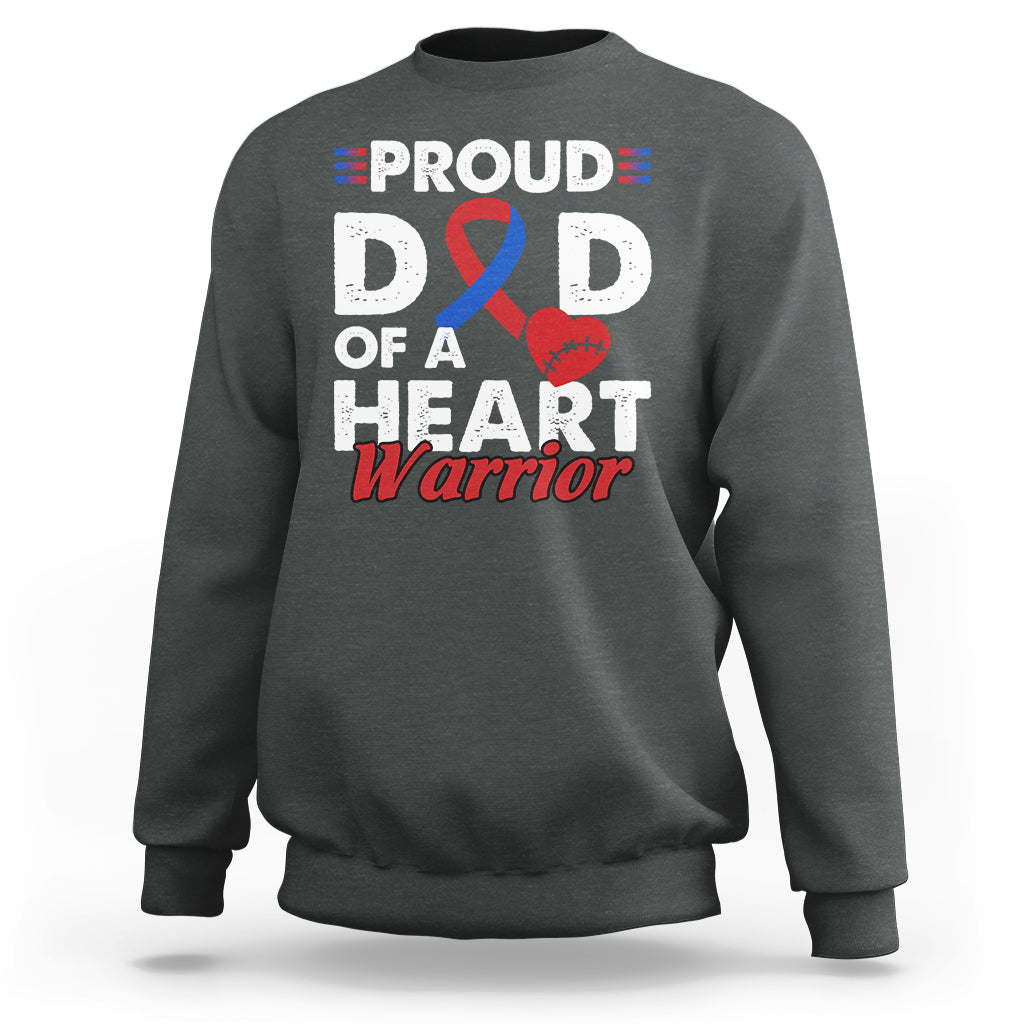 Adult dark heather sweatshirt with “PROUD D D OF A HEART Warrior” graphic and ribbon heart