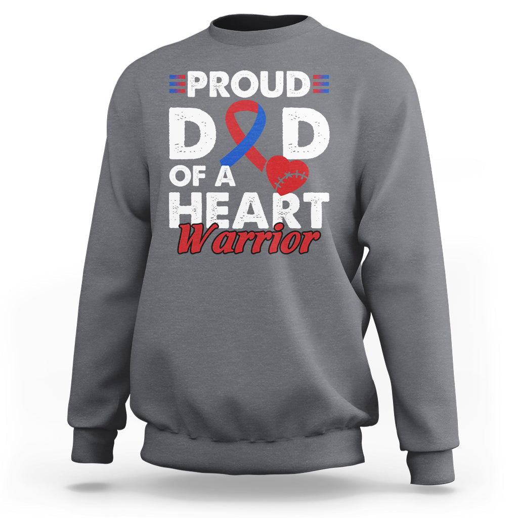 Adult light heather gray sweatshirt with “PROUD D D OF A HEART Warrior” graphic and ribbon heart