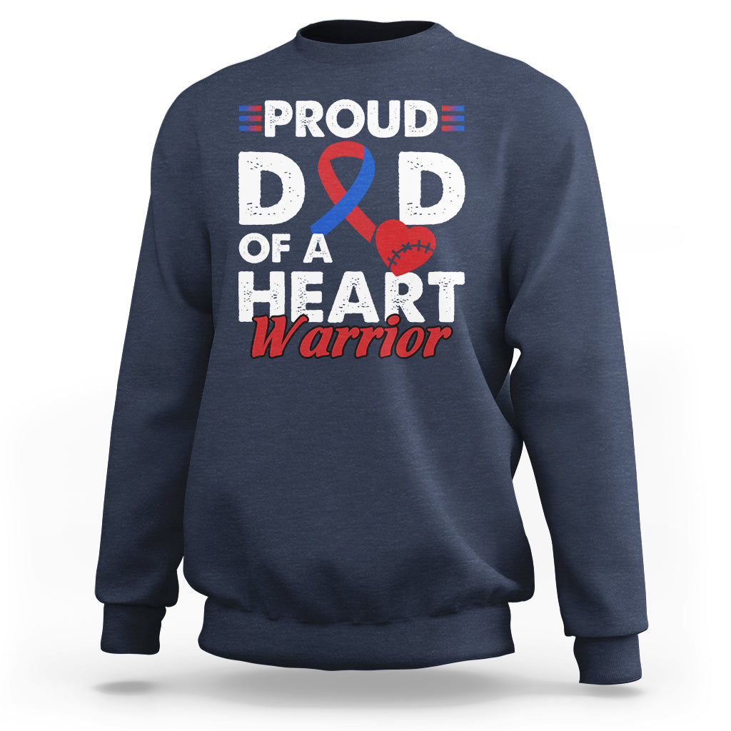 Adult navy blue sweatshirt with “PROUD D D OF A HEART Warrior” graphic and ribbon heart