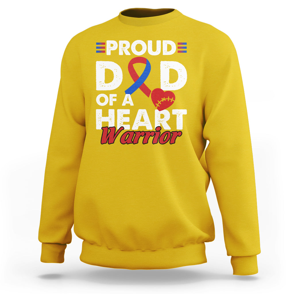 Adult daisy yellow sweatshirt with “PROUD D D OF A HEART Warrior” graphic and ribbon heart