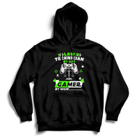 Black hoodie sweatshirt with colorful gaming graphic and kangaroo pocket, full sleeves