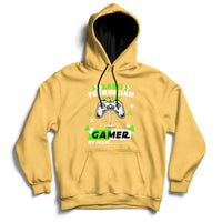 Yellow hoodie sweatshirt with colorful gaming graphic and kangaroo pocket, full sleeves