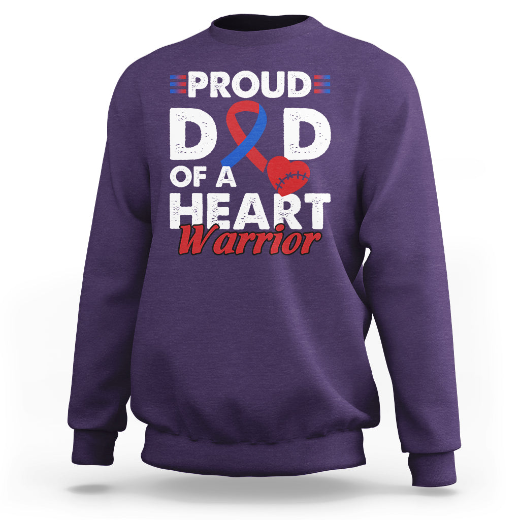 Adult purple sweatshirt with “PROUD D D OF A HEART Warrior” graphic and ribbon heart