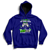Navy hoodie sweatshirt with colorful gaming graphic and kangaroo pocket, full sleeves
