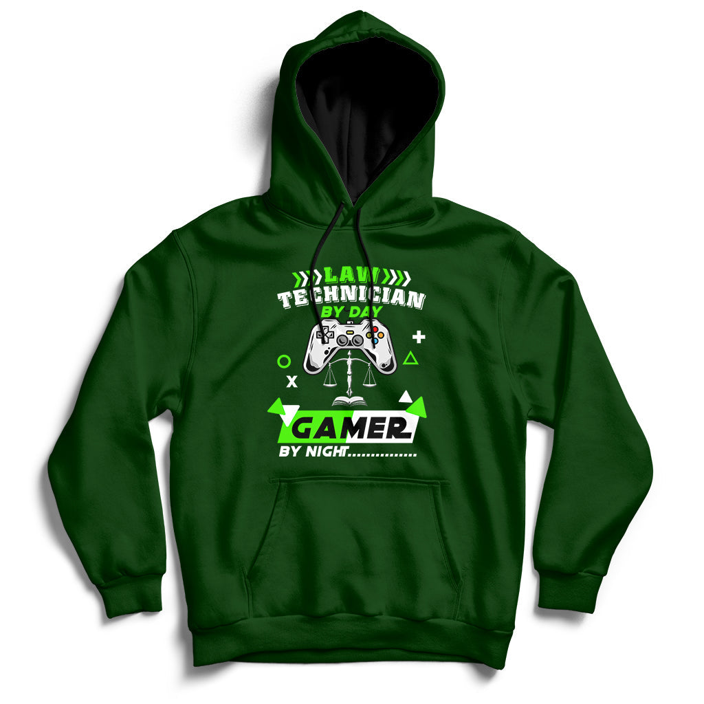 Forest green hoodie sweatshirt with colorful gaming graphic and kangaroo pocket, full sleeves