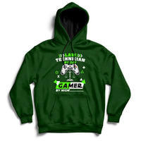 Forest green hoodie sweatshirt with colorful gaming graphic and kangaroo pocket, full sleeves