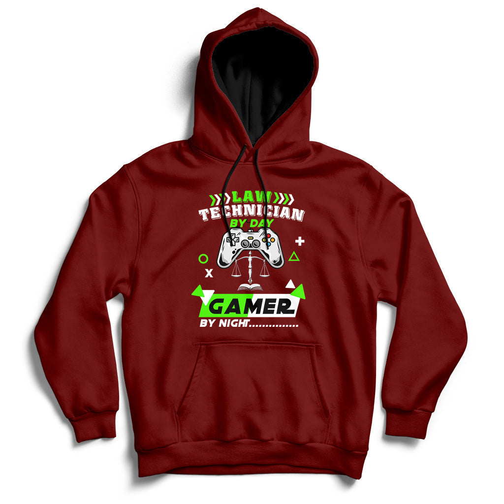 Maroon hoodie sweatshirt with colorful gaming graphic and kangaroo pocket, full sleeves