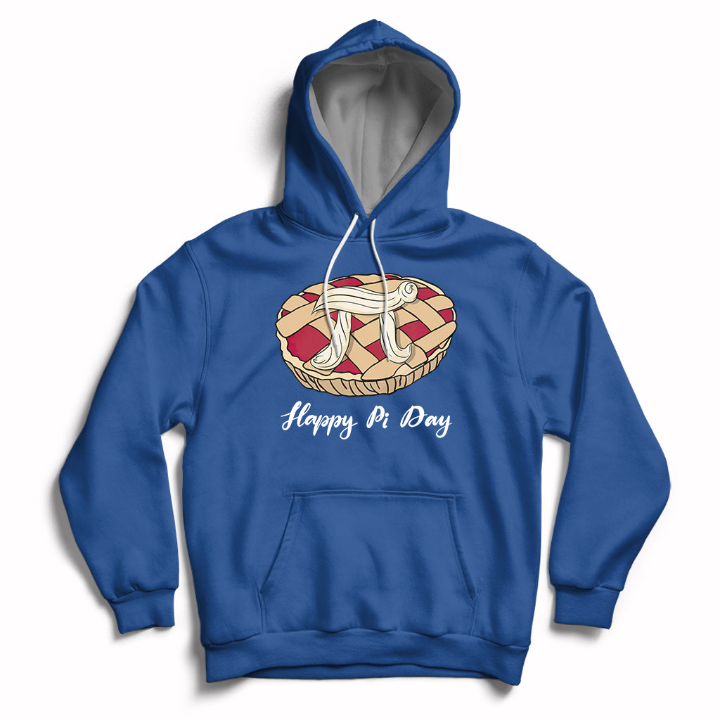 Royal blue hoodie with front pie-themed graphic, “Happy Pi Day” text, and kangaroo pocket