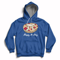Royal blue hoodie with front pie-themed graphic, “Happy Pi Day” text, and kangaroo pocket