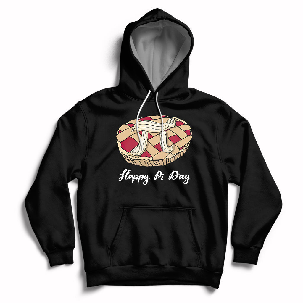 Black hoodie with front pie-themed graphic, “Happy Pi Day” text, and kangaroo pocket