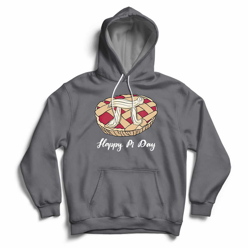 Charcoal gray hoodie with front pie-themed graphic, “Happy Pi Day” text, and kangaroo pocket