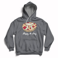 Charcoal gray hoodie with front pie-themed graphic, “Happy Pi Day” text, and kangaroo pocket