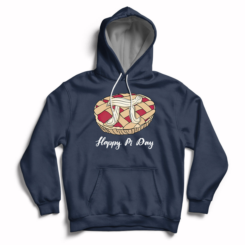 Navy hoodie with front pie-themed graphic, “Happy Pi Day” text, and kangaroo pocket