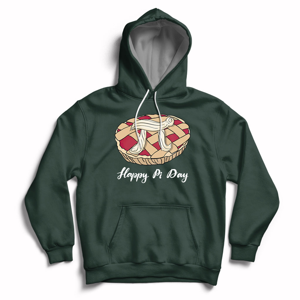 Forest green hoodie with front pie-themed graphic, “Happy Pi Day” text, and kangaroo pocket