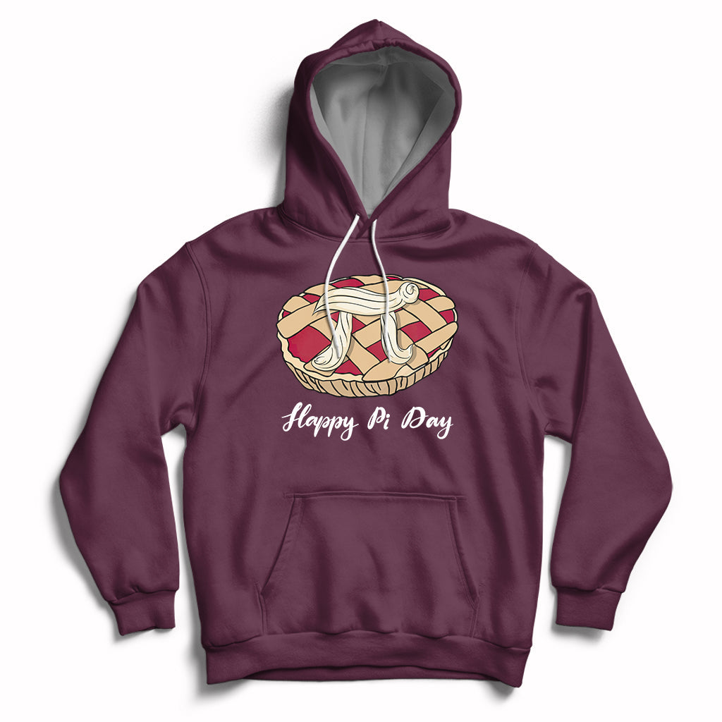 Maroon hoodie with front pie-themed graphic, “Happy Pi Day” text, and kangaroo pocket
