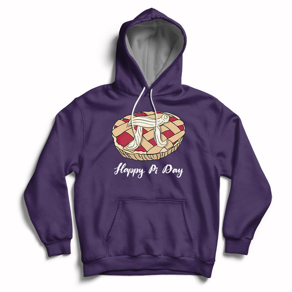 Purple hoodie with front pie-themed graphic, “Happy Pi Day” text, and kangaroo pocket