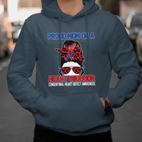 Blue hoodie with “Heart Warrior” heart-defect awareness graphic on the chest