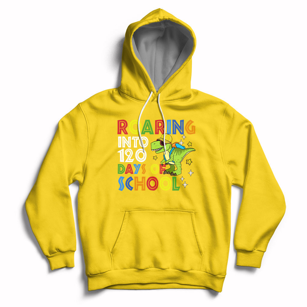 Dinosaur Roaring Into 120 Days Of School Kids Boys Girls 120 Days Smarter Hoodie - Wonder Print Shop