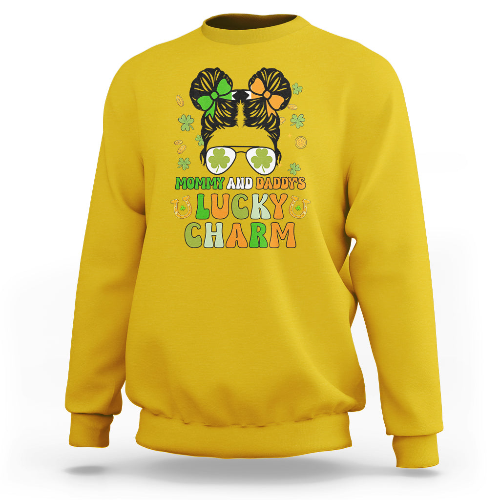 St Patricks Day Mommy And Daddy's Lucky Charm Cute Little Bun Irish Girls Sweatshirt - Wonder Print Shop