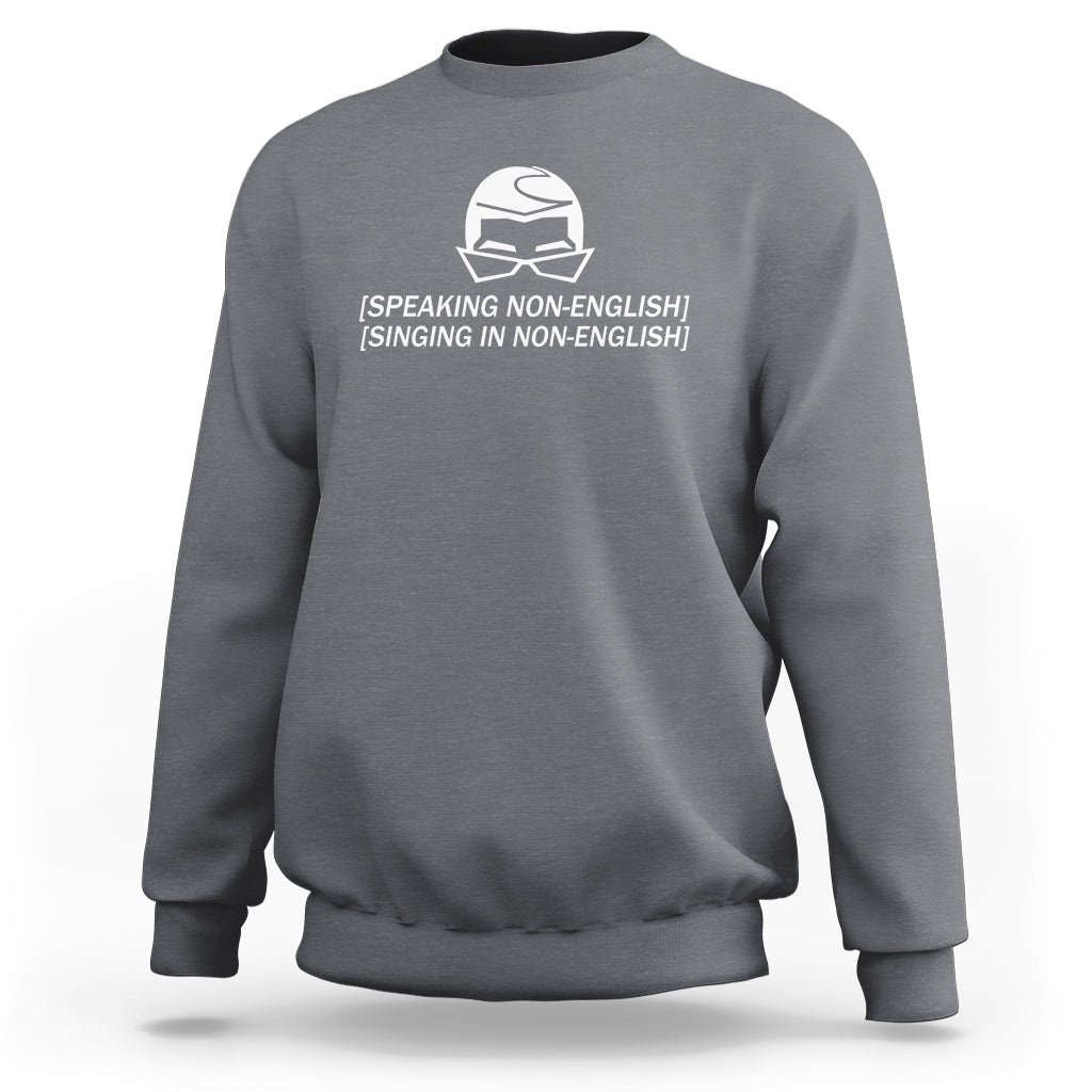 Heather gray crewneck sweatshirt with white helmet graphic and speaking/singing text on chest