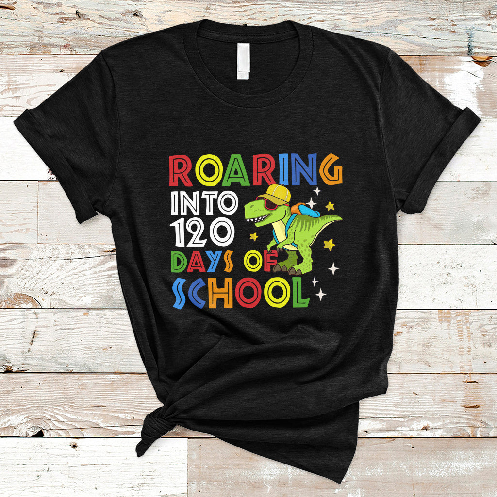 Dinosaur Roaring Into 120 Days Of School Kids Boys Girls 120 Days Smarter T Shirt - Wonder Print Shop
