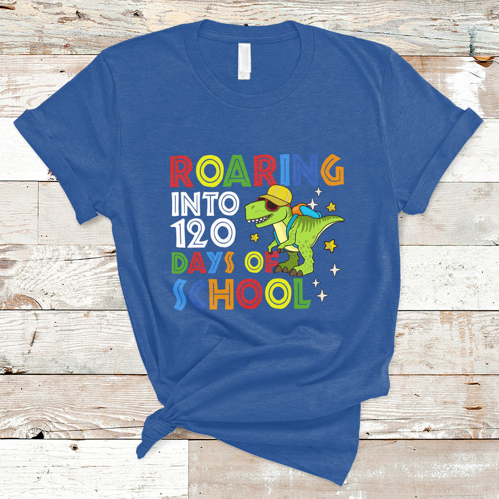 Dinosaur Roaring Into 120 Days Of School Kids Boys Girls 120 Days Smarter T Shirt - Wonder Print Shop