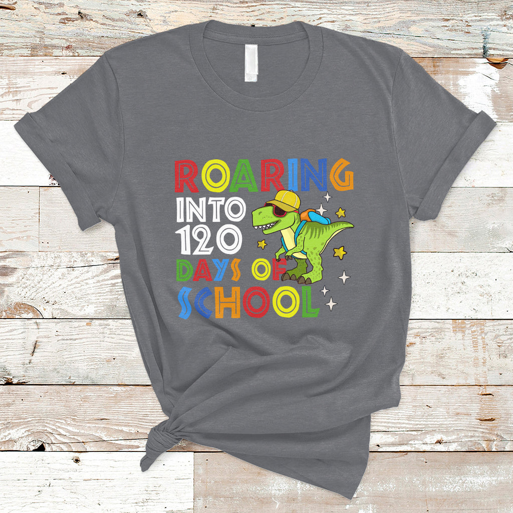 Dinosaur Roaring Into 120 Days Of School Kids Boys Girls 120 Days Smarter T Shirt - Wonder Print Shop