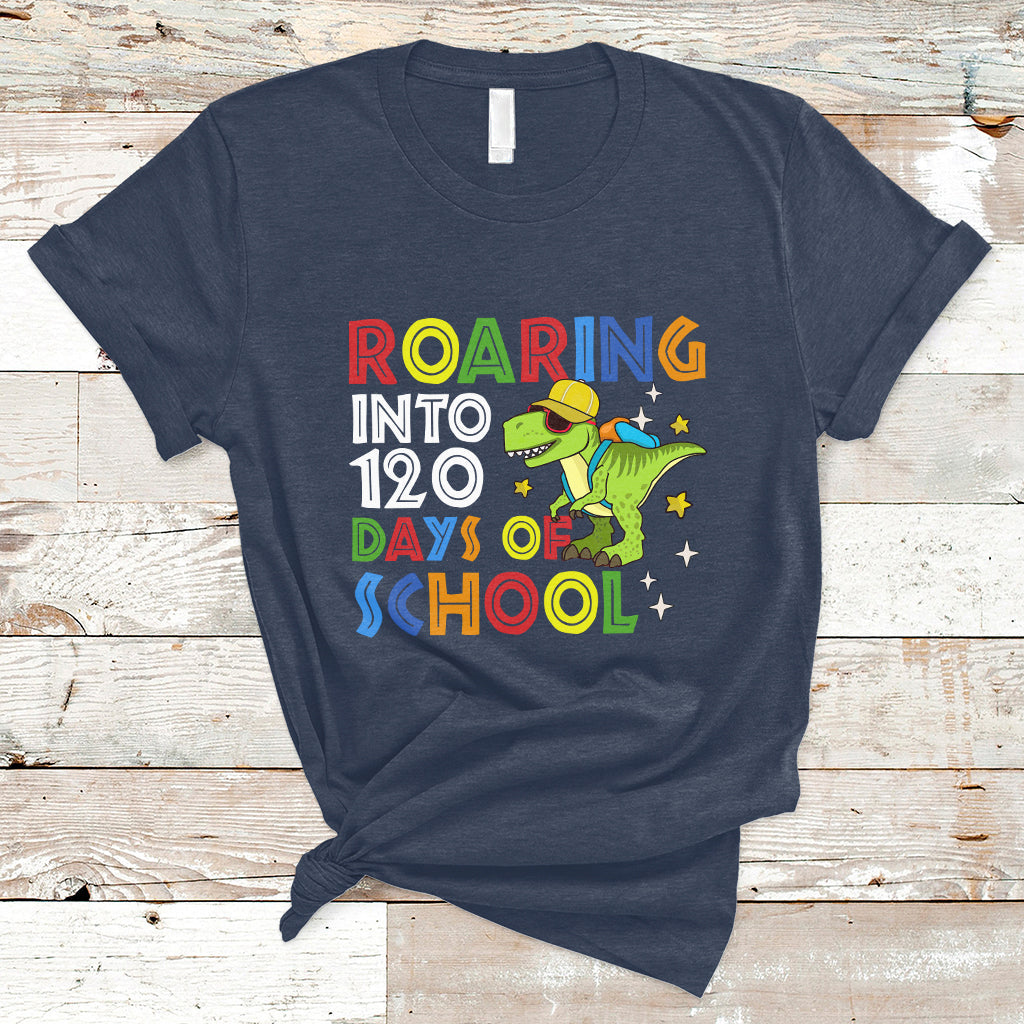 Dinosaur Roaring Into 120 Days Of School Kids Boys Girls 120 Days Smarter T Shirt - Wonder Print Shop