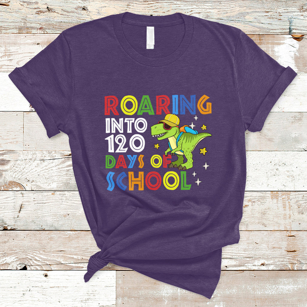 Dinosaur Roaring Into 120 Days Of School Kids Boys Girls 120 Days Smarter T Shirt - Wonder Print Shop
