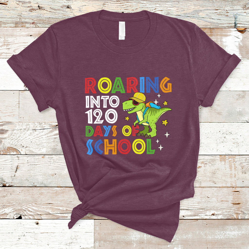 Dinosaur Roaring Into 120 Days Of School Kids Boys Girls 120 Days Smarter T Shirt - Wonder Print Shop