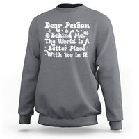 Charcoal gray sweatshirt with front graphic text and hearts, crew neck long sleeves
