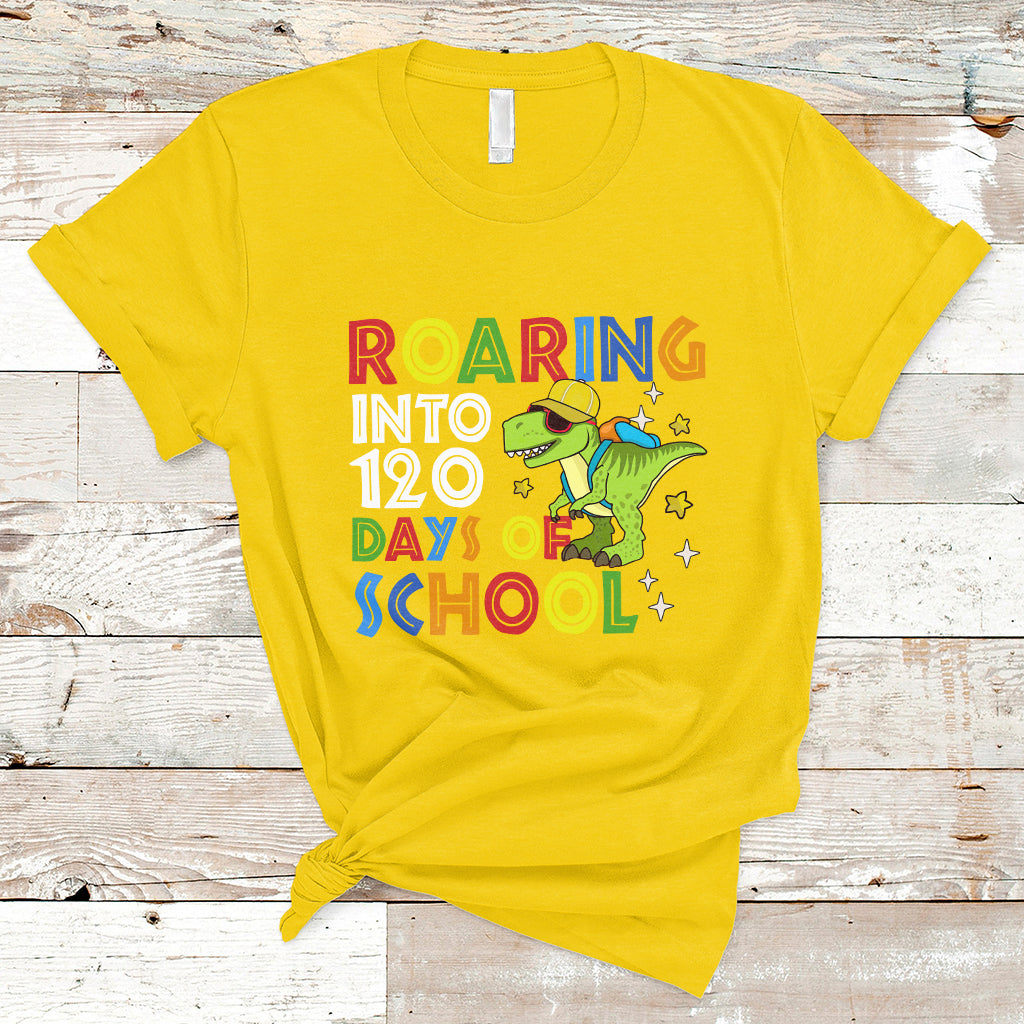 Dinosaur Roaring Into 120 Days Of School Kids Boys Girls 120 Days Smarter T Shirt - Wonder Print Shop