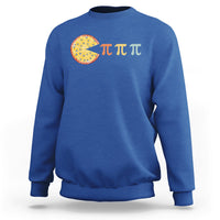 Royal blue sweatshirt with colorful pie graphic and three pi symbol text across the chest