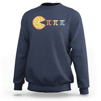 Navy sweatshirt with colorful pie graphic and three pi symbol text across the chest