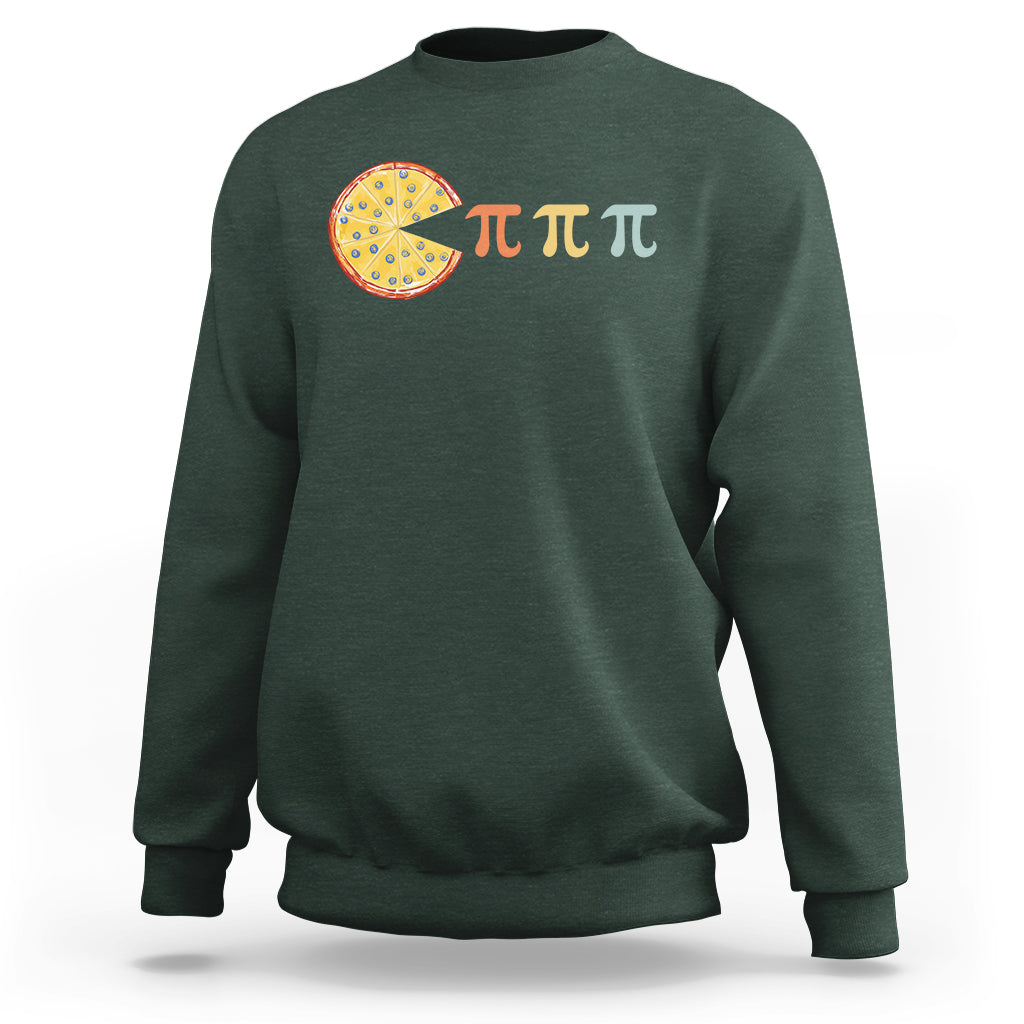 Forest green sweatshirt with colorful pie graphic and three pi symbol text across the chest
