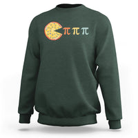 Forest green sweatshirt with colorful pie graphic and three pi symbol text across the chest