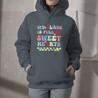 Dark blue-gray teacher hoodie with colorful 'Sweet Hearts' chest graphic, hood & pocket