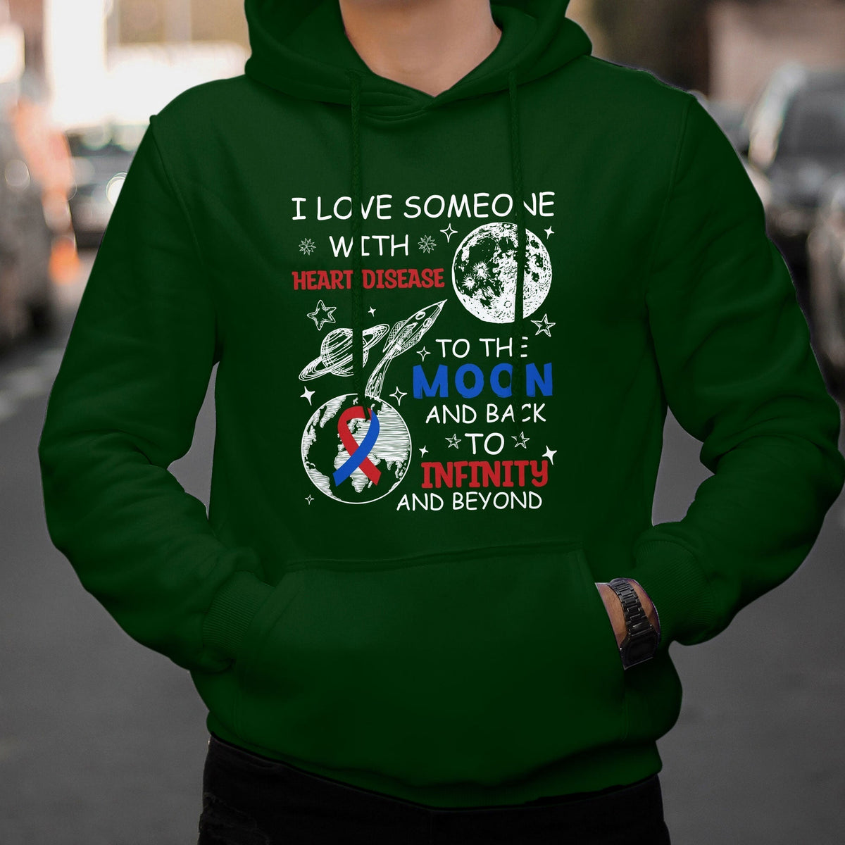 Green pullover hoodie with heart disease moon and infinity graphic