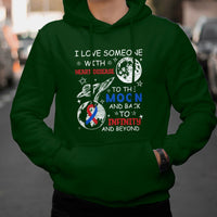 Green pullover hoodie with heart disease moon and infinity graphic