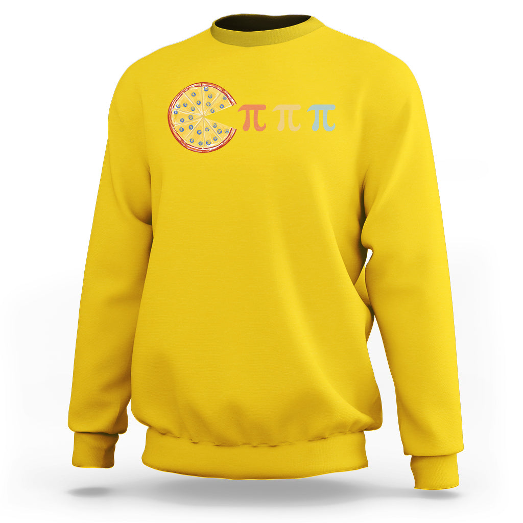 Yellow sweatshirt with colorful pie graphic and three pi symbol text across the chest