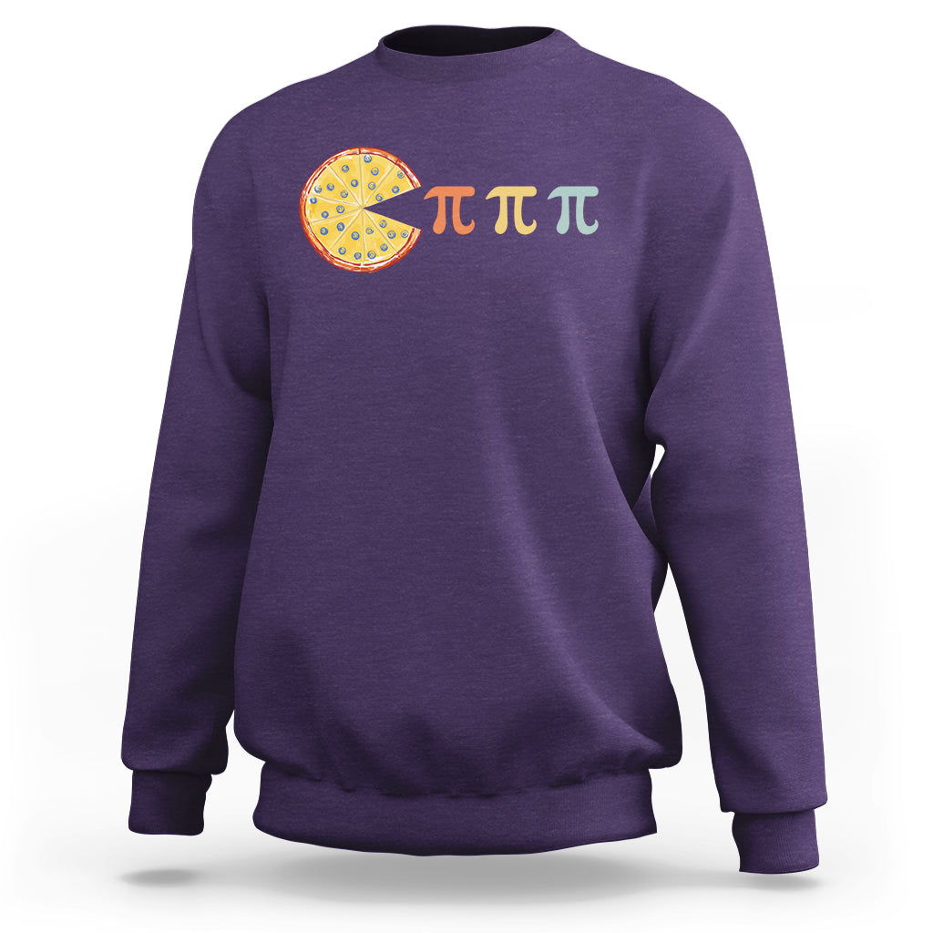 Purple sweatshirt with colorful pie graphic and three pi symbol text across the chest