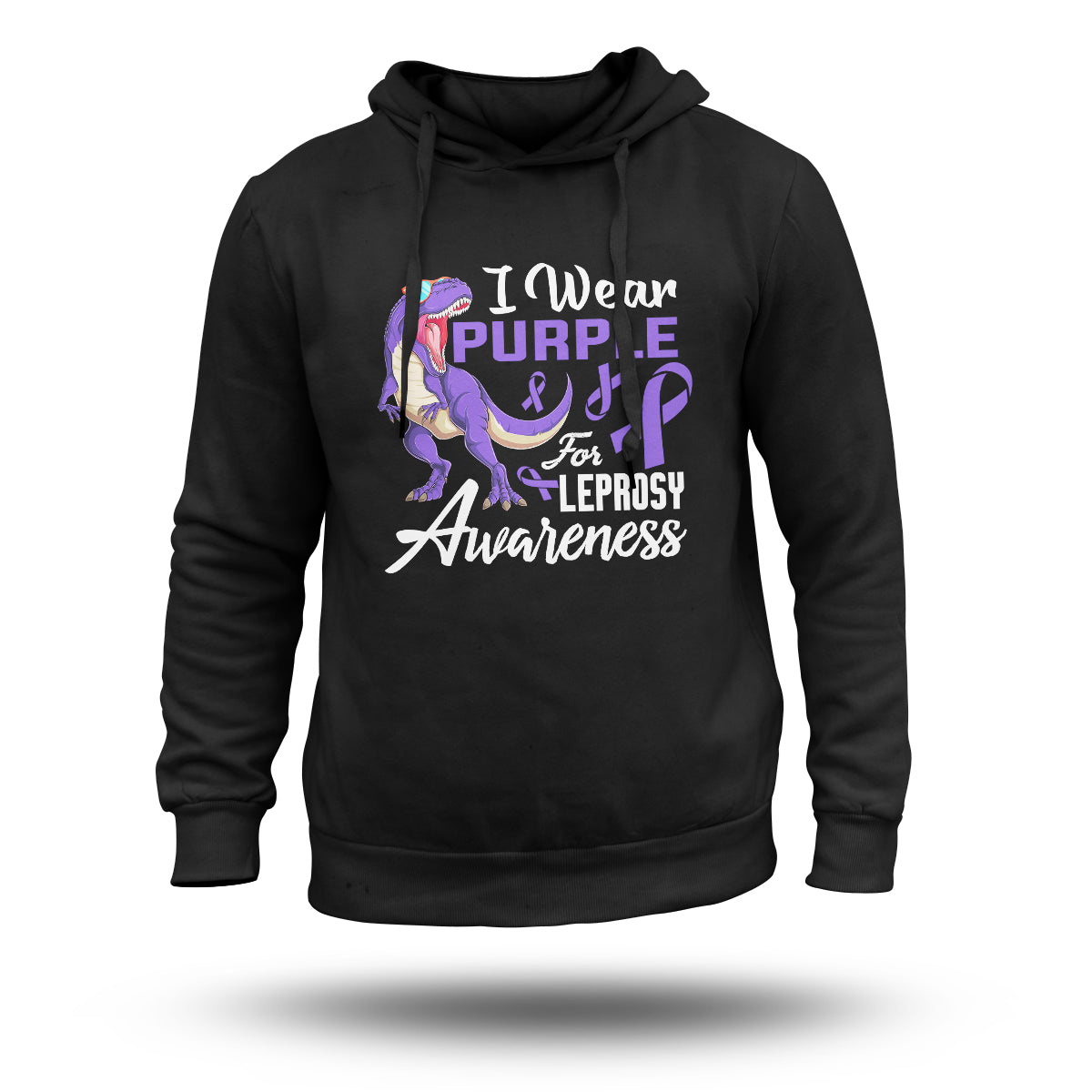 Black pullover hoodie with kangaroo pocket; purple ribbon leprosy awareness graphic