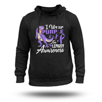 Black pullover hoodie with kangaroo pocket; purple ribbon leprosy awareness graphic