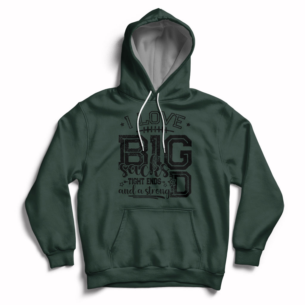 Forest green pullover hoodie with front football-themed graphic and kangaroo pocket