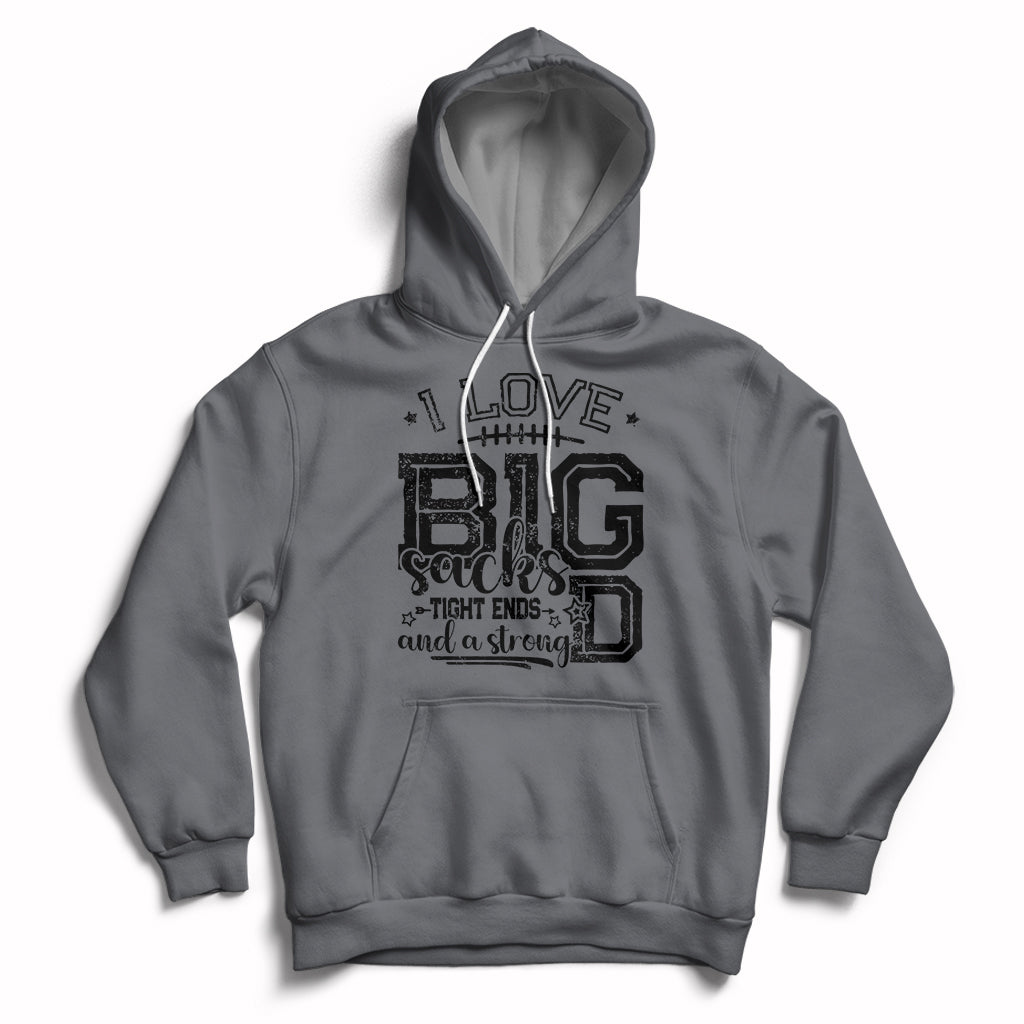Charcoal gray pullover hoodie with front football-themed graphic and kangaroo pocket